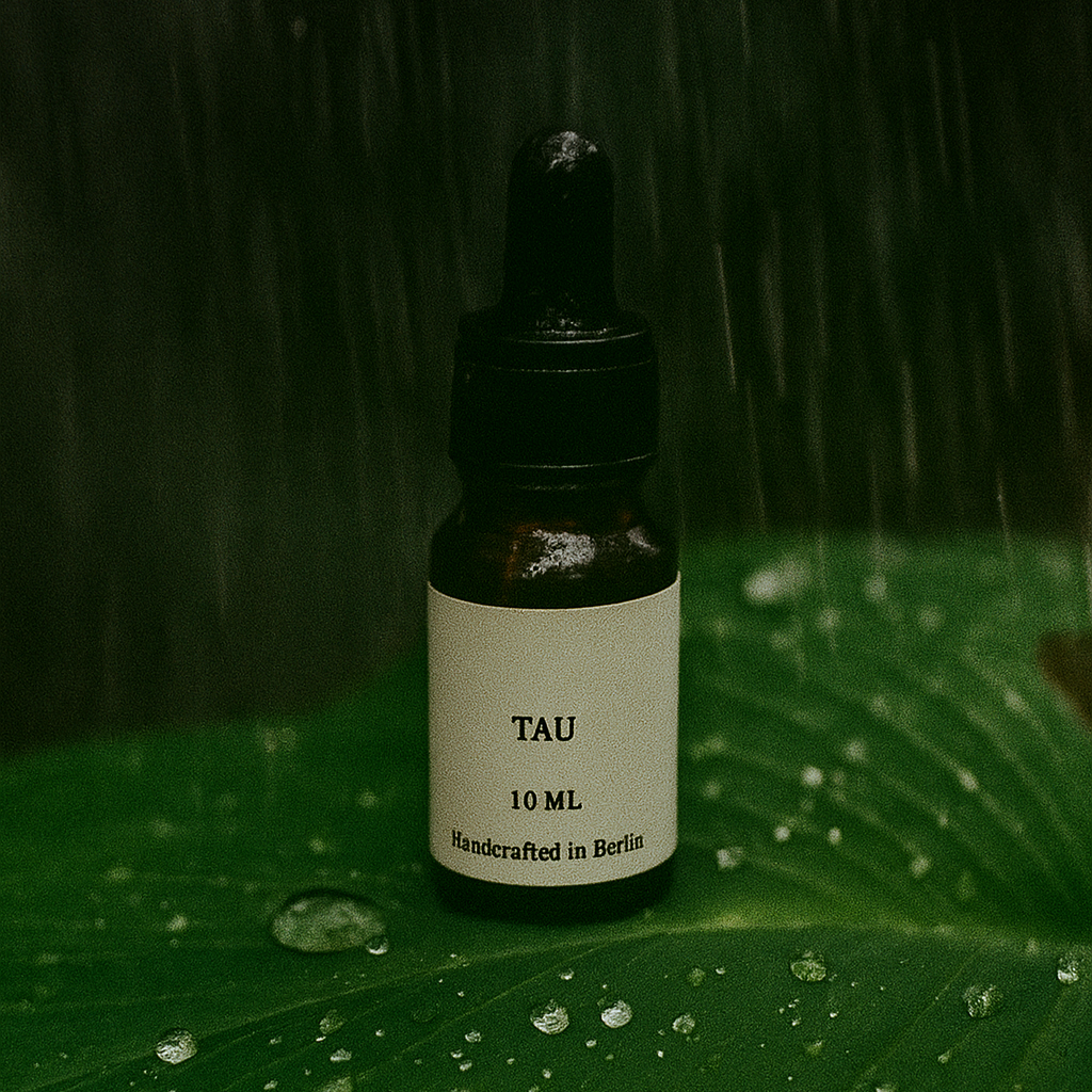 Bottle labeled 'TAU' on a green leaf with raindrops