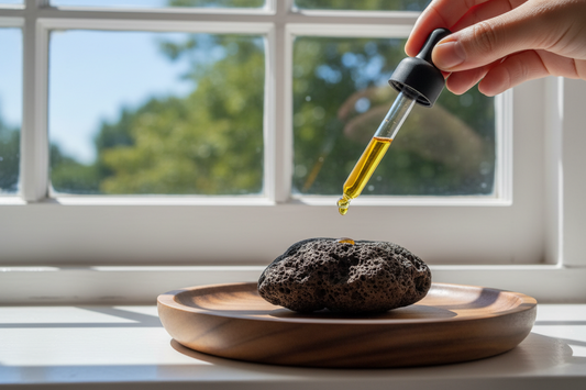 a hand holding a pipette dropping essential oil on a lava stone, lava stone is set on a wooden tray. The setting is on the window bay next to the white frame window.